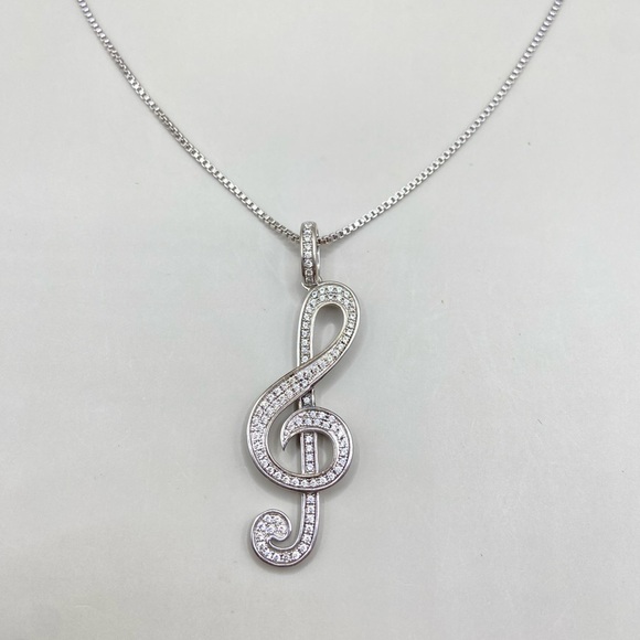 Sterling Silver Pave Cubic Zirconia Treble Clef Pendant Necklace - Picture 1 of 7